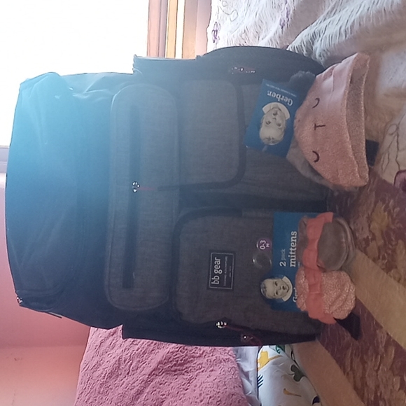 B.b.gear diaper bag, mitten set, 2 newborn caps for girls. - Picture 1 of 1